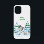 Merry Christmas! Snowman with Cat and Puppy iPhone 12 Mini Case<br><div class="desc">Merry Christmas! Snowman with Cat and Puppy - little Dog ~~~ colored pencil drawing by Krisi ArtKSZP ~~~ Store Category >>> Merry Christmas for Kids >>> Snowman with Cat and Puppy</div>