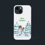 Merry Christmas! Snowman with Cat and Puppy iPhone 13 Mini Case<br><div class="desc">Merry Christmas! Snowman with Cat and Puppy - little Dog ~~~ colored pencil drawing by Krisi ArtKSZP ~~~ Store Category >>> Merry Christmas for Kids >>> Snowman with Cat and Puppy</div>