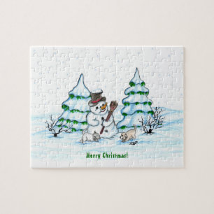Merry Christmas! Snowman with Cat and Puppy Jigsaw Puzzle