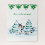 Merry Christmas! Snowman with Cat and Puppy Jigsaw Puzzle<br><div class="desc">Merry Christmas! Snowman with Cat and Puppy - little Dog ~~~ coloured pencil drawing by Krisi ArtKSZP ~~~ Store Category >>> Merry Christmas for Kids >>> Snowman with Cat and Puppy</div>
