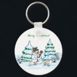 Merry Christmas! Snowman with Cat and Puppy Keychain<br><div class="desc">Merry Christmas! Snowman with Cat and Puppy - little Dog ~~~ coloured pencil drawing by Krisi ArtKSZP ~~~ Store Category >>> Merry Christmas for Kids >>> Snowman with Cat and Puppy</div>