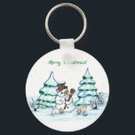 Merry Christmas! Snowman with Cat and Puppy Keychain<br><div class="desc">Merry Christmas! Snowman with Cat and Puppy - little Dog ~~~ coloured pencil drawing by Krisi ArtKSZP ~~~ Store Category >>> Merry Christmas for Kids >>> Snowman with Cat and Puppy</div>