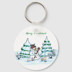 Merry Christmas! Snowman with Cat and Puppy Keychain