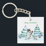 Merry Christmas! Snowman with Cat and Puppy Keychain<br><div class="desc">Merry Christmas! Snowman with Cat and Puppy - little Dog ~~~ coloured pencil drawing by Krisi ArtKSZP ~~~ Store Category >>> Merry Christmas for Kids >>> Snowman with Cat and Puppy</div>