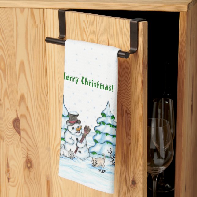 Merry Christmas! Snowman with Cat and Puppy Kitchen Towel (Thirds Fold)