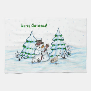 Merry Christmas! Snowman with Cat and Puppy Kitchen Towel