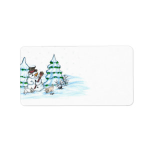 Merry Christmas! Snowman with Cat and Puppy Label
