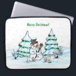 Merry Christmas! Snowman with Cat and Puppy Laptop Sleeve<br><div class="desc">Merry Christmas! Snowman with Cat and Puppy - little Dog ~~~ coloured pencil drawing by Krisi ArtKSZP ~~~ Store Category >>> Merry Christmas for Kids >>> Snowman with Cat and Puppy</div>