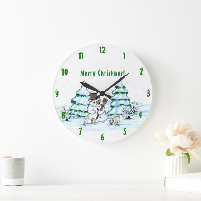 Merry Christmas! Snowman with Cat and Puppy Large Clock (Home)