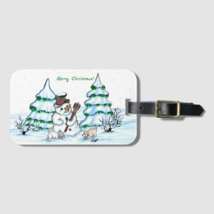 Merry Christmas! Snowman with Cat and Puppy Luggage Tag