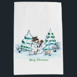 Merry Christmas! Snowman with Cat and Puppy Medium Gift Bag<br><div class="desc">Merry Christmas! Snowman with Cat and Puppy - little Dog ~~~ coloured pencil drawing by Krisi ArtKSZP ~~~ Store Category >>> Merry Christmas for Kids >>> Snowman with Cat and Puppy</div>