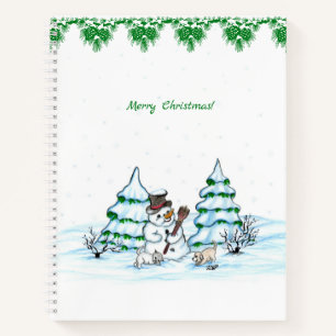 Merry Christmas! Snowman with Cat and Puppy Notebook