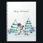 Merry Christmas! Snowman with Cat and Puppy Notebook<br><div class="desc">Merry Christmas! Snowman with Cat and Puppy - little Dog ~~~ colored pencil drawing by Krisi ArtKSZP ~~~ Store Category >>> Merry Christmas for Kids >>> Snowman with Cat and Puppy</div>