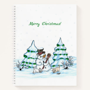 Merry Christmas! Snowman with Cat and Puppy Notebook