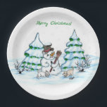Merry Christmas! Snowman with Cat and Puppy Paper Plate<br><div class="desc">Merry Christmas! Snowman with Cat and Puppy - little Dog ~~~ coloured pencil drawing by Krisi ArtKSZP ~~~ Store Category >>> Merry Christmas for Kids >>> Snowman with Cat and Puppy</div>