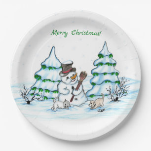 Merry Christmas! Snowman with Cat and Puppy Paper Plate