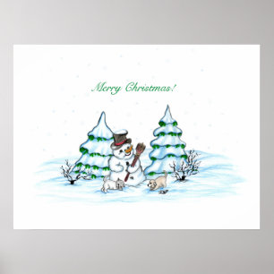 Merry Christmas! Snowman with Cat and Puppy Poster