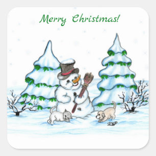 Merry Christmas! Snowman with Cat and Puppy Square Sticker