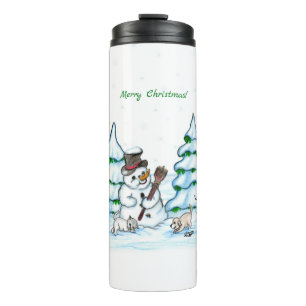 Merry Christmas! Snowman with Cat and Puppy Thermal Tumbler