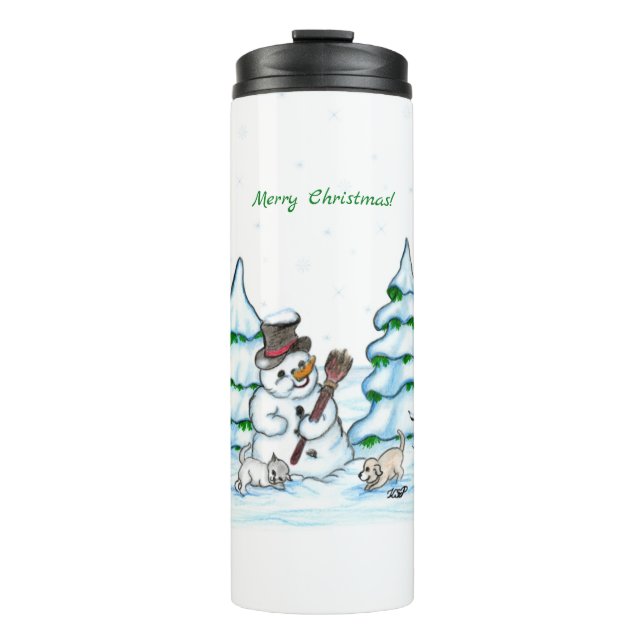 Merry Christmas! Snowman with Cat and Puppy Thermal Tumbler (Front)