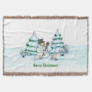 Merry Christmas! Snowman with Cat and Puppy Throw Blanket
