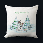 Merry Christmas! Snowman with Cat and Puppy Throw Pillow<br><div class="desc">Merry Christmas! Snowman with Cat and Puppy - little Dog ~~~ coloured pencil drawing by Krisi ArtKSZP ~~~ Store Category >>> Merry Christmas for Kids >>> Snowman with Cat and Puppy</div>