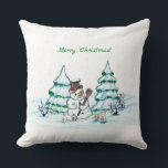 Merry Christmas! Snowman with Cat and Puppy Throw Pillow<br><div class="desc">Merry Christmas! Snowman with Cat and Puppy - little Dog ~~~ coloured pencil drawing by Krisi ArtKSZP ~~~ Store Category >>> Merry Christmas for Kids >>> Snowman with Cat and Puppy</div>