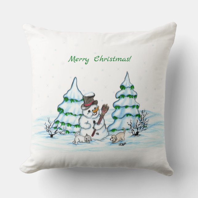 Merry Christmas! Snowman with Cat and Puppy Throw Pillow (Front)