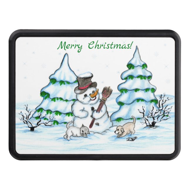 Merry Christmas! Snowman with Cat and Puppy Trailer Hitch Cover (Front)