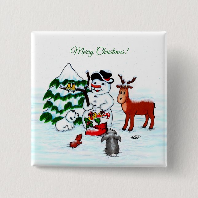 Merry Christmas! Snowman with Friends 2 Inch Square Button (Front)