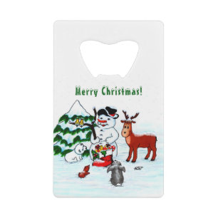 Merry Christmas! Snowman with Friends Credit Card Bottle Opener