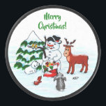 Merry Christmas! Snowman with Friends Hockey Puck<br><div class="desc">Merry Christmas! Snowman with Friends - Baby Polar Bear, Birds, Moose, Rabbit, ~~~ coloured pencil drawing by Krisi ArtKSZP ~~~ Store Category >>> Merry Christmas for Kids >>> Snowman with Friends</div>