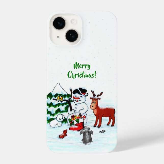 Merry Christmas! Snowman with Friends iPhone Case (Back)
