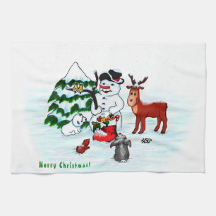 Merry Christmas! Snowman with Friends Kitchen Towel