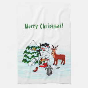 Merry Christmas! Snowman with Friends Kitchen Towel