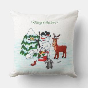 Merry Christmas! Snowman with Friends Outdoor Pillow