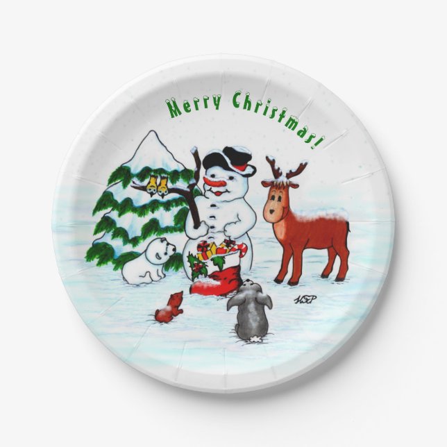 Merry Christmas! Snowman with Friends Paper Plate (Front)