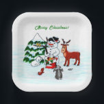 Merry Christmas! Snowman with Friends Paper Plate<br><div class="desc">Merry Christmas! Snowman with Friends - Baby Polar Bear,  Birds,  Moose,  Rabbit,    ~~~ coloured pencil drawing by Krisi ArtKSZP ~~~ Store Category >>> Merry Christmas for Kids >>> Snowman with Friends</div>