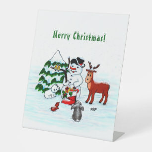 Merry Christmas! Snowman with Friends Pedestal Sign
