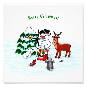 Merry Christmas! Snowman with Friends Photo Print