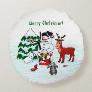 Merry Christmas! Snowman with Friends Round Pillow