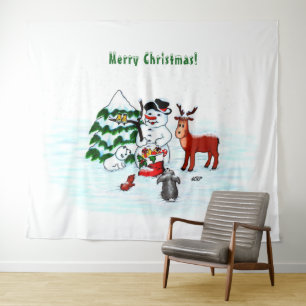 Merry Christmas! Snowman with Friends Tapestry