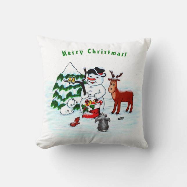 Merry Christmas! Snowman with Friends Throw Pillow (Front)