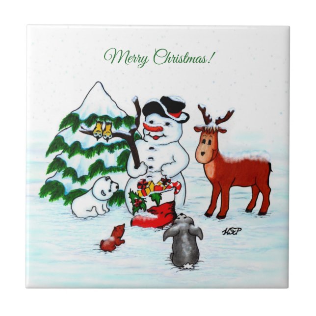 Merry Christmas! Snowman with Friends Tile (Front)