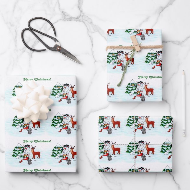 Merry Christmas! Snowman with Friends Wrapping Paper Sheet (Front)