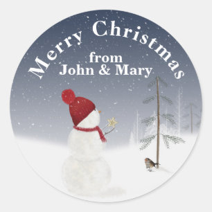 Merry Christmas Snowman With Gold Star Classic Round Sticker
