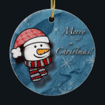 Merry Christmas, snowman with knitted clothes Ceramic Ornament<br><div class="desc">A beautiful little snowman wearing white and red knitted clothes on a blue paper . Perfect to wish merry Christmas to the little ones.</div>