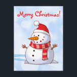 Merry Christmas Snowman with message. Holiday Postcard<br><div class="desc">A cute Christmas snowman who is kind of chubby and jolly wearing a striped scarf and a red christmas hat. Festive and fun. Merry Christmas message on the back reads: Wishing you Peace and Joy this Holiday Season and every happiness throughout the New Year. Personalize it with your own custom...</div>
