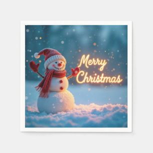 Merry Christmas Snowman with Neon Sign Napkin