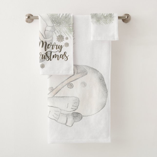 Merry Christmas, Snowman With Santa Hat Bath Towel Set (Insitu)